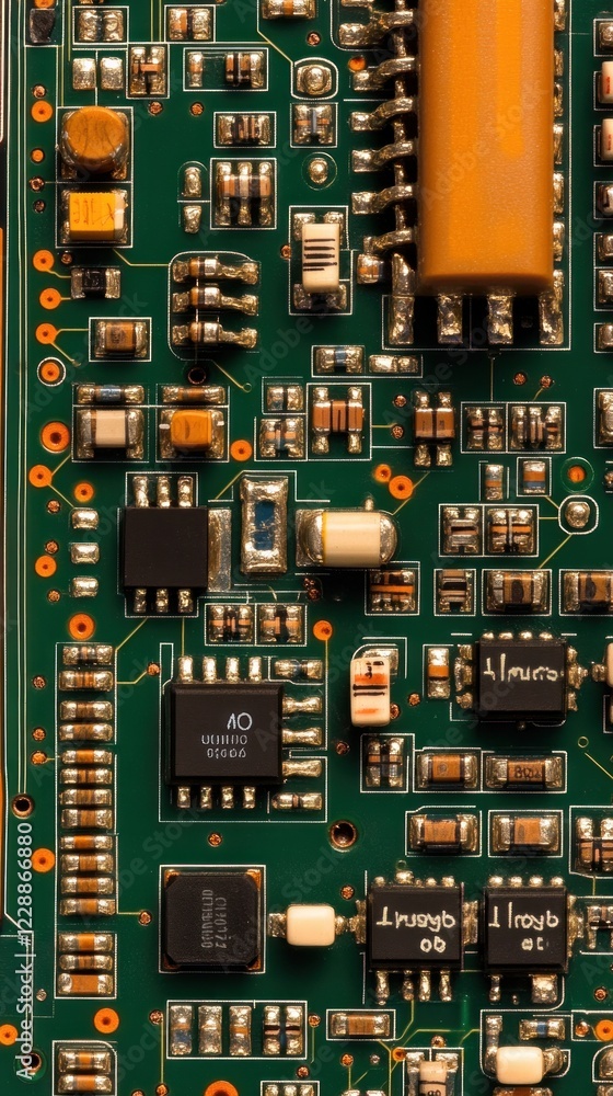 Close-up of a green circuit board with various electronic components. Close-up of a green circuit board with various electronic components.
