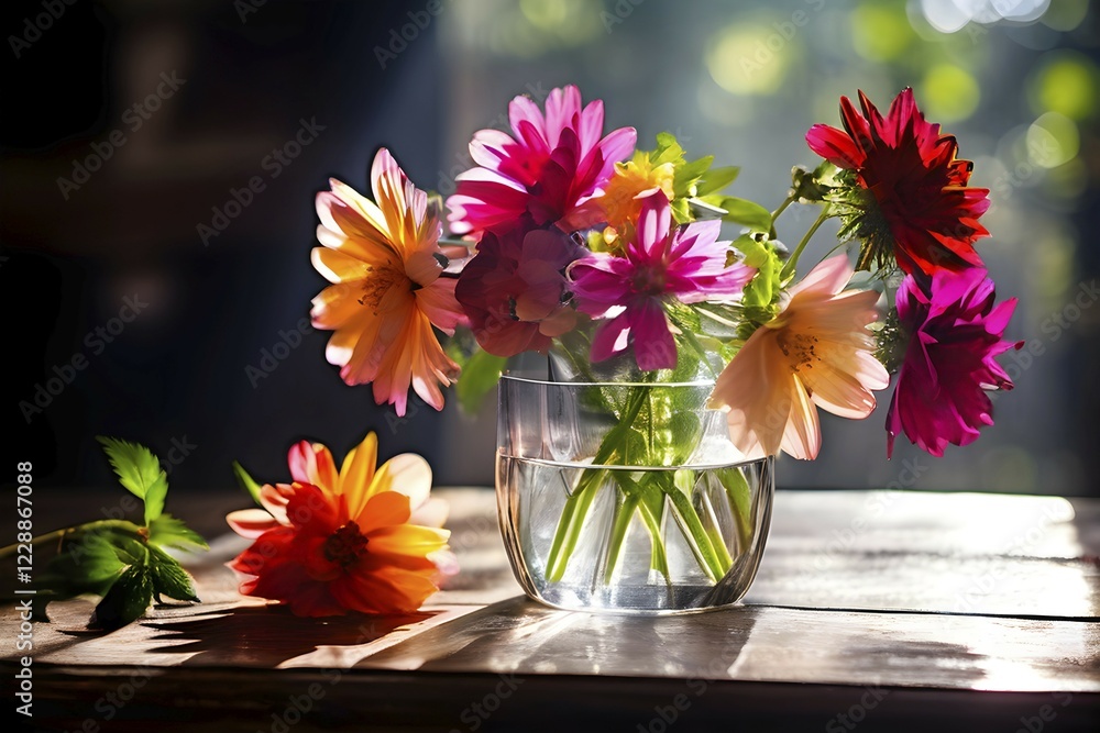 Transparent crystal glass vase with vibrant blooming flowers, AI generated Transparent crystal glass vase with vibrant blooming flowers, AI generated