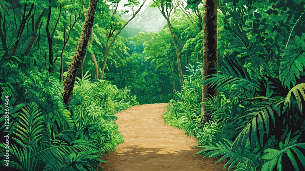 Lush Jungle Pathway Surrounded by Dense Greenery and Sunlight Filtering Through Trees Lush Jungle Pathway Surrounded by Dense Greenery and Sunlight Filtering Through Trees