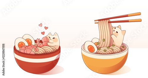 Cute cats eating ramen noodles set isolated on white. Contemporary vector cartoon illustration of kawaii kitten in bowl of traditional asian food with chopsticks, shrimps and hearts, restaurant menu