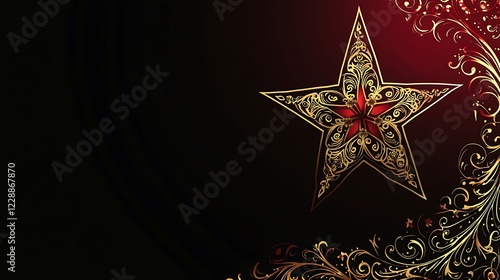 Ornate Golden Star with Red Center and Swirling Floral Design photo