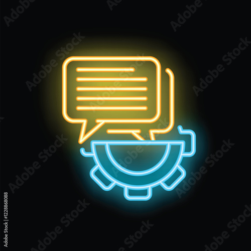 Neon icon showing the interaction between chat bubbles and a gear, symbolizing communication in technology