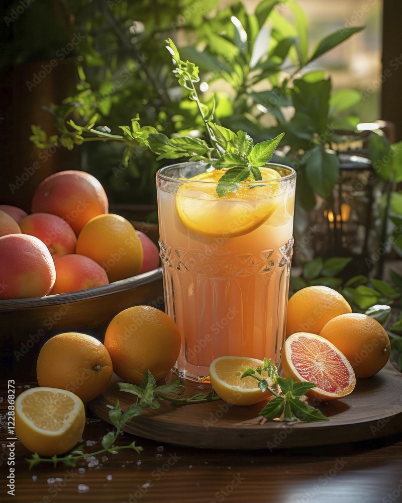 Fresh fruit shake in a glass, non-alcoholic cocktail, citrus fruit, orange, mint, standing by the window, wellness drink, AI generated Fresh fruit shake in a glass, non-alcoholic cocktail, citrus fruit, orange, mint, standing by the window, wellness drink, AI generated