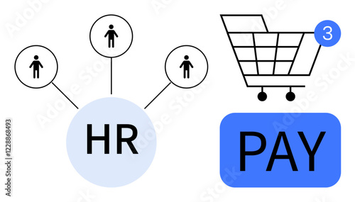 HR network connected to three employees, shopping cart with notification, PAY button. Ideal for business management, HR services, e-commerce, payroll, employee management, online shopping financial
