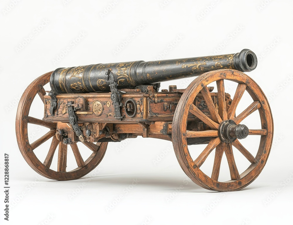 Ornate antique cannon on wooden carriage, detailed carvings and metal accents. Ornate antique cannon on wooden carriage, detailed carvings and metal accents.