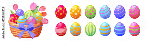 Easter eggs collection and wicker basket - decorated colorful eggs with polka dots, stripes and patterns. Set of bright holiday symbols with tulip flowers, blue bow for spring celebration design.