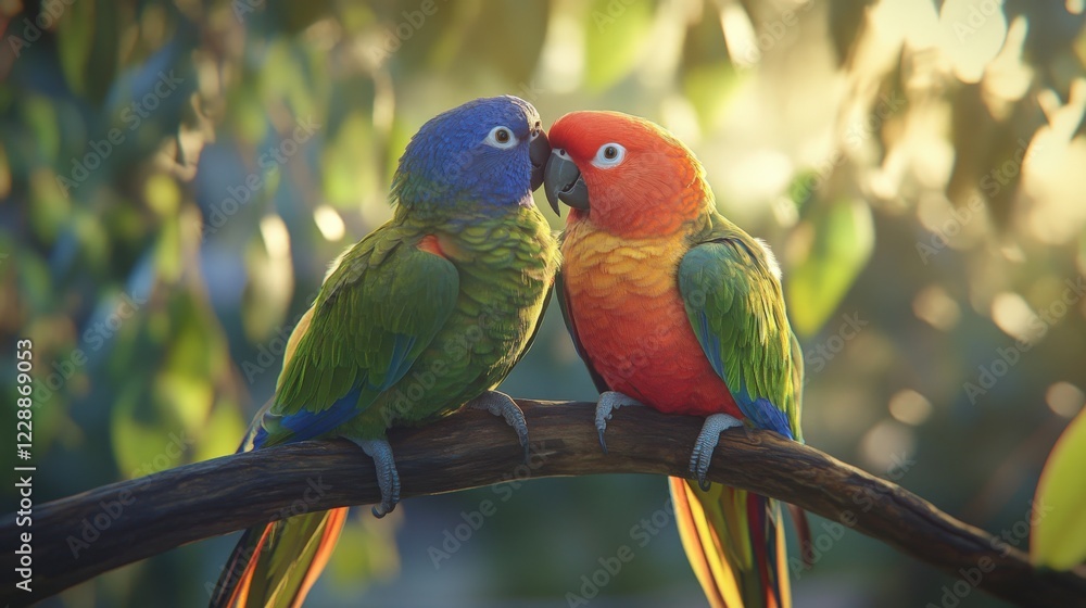 Affectionate Parrots in Golden Sunlight: A Close-Up of Two Colorful Birds Perched on a Branch Affectionate Parrots in Golden Sunlight: A Close-Up of Two Colorful Birds Perched on a Branch