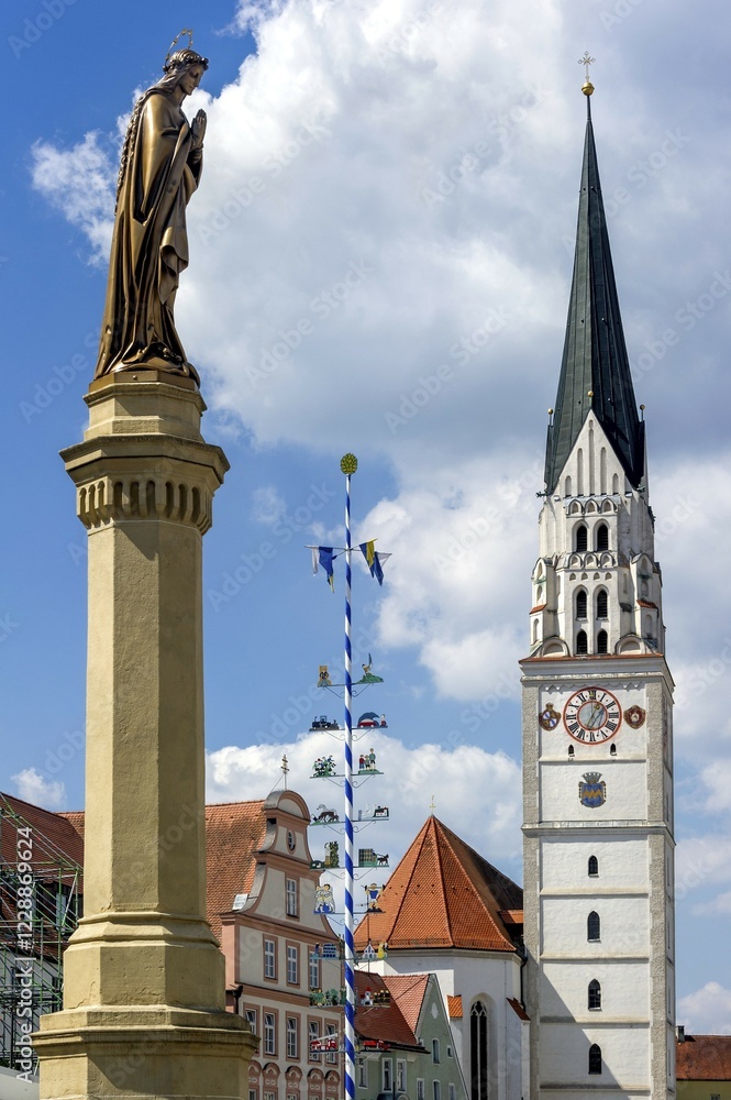 Fototapeta premium Marian column, maypole, parish church St. Johannes Baptist, Pfaffenhofen, Upper Bavaria, Bavaria, Germany, Europe