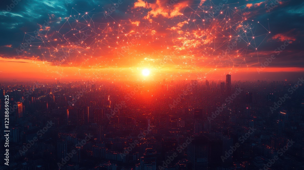 Naklejka premium Cityscape sunset network connection graphic