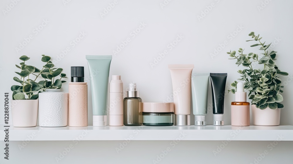 A collection of pregnancy-safe skincare products arranged neatly on a white shelf, symbolizing self-care and wellness during pregnancy. Minimalist and clean. A collection of pregnancy-safe skincare products arranged neatly on a white shelf, symbolizing self-care and wellness during pregnancy. Minimalist and clean.