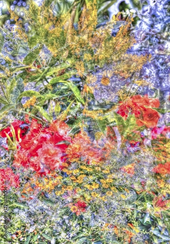 Oil painting-like picture, various bright flowers, red, yellow and purple flowers creative, different plants mixed, artistic picture, purple flowers alienated, plants, impressionistic art style, vivid spring atmosphere, allover, alienation, dense flower field, bright colours, green leaves, carpet of flowers, sea of flowers, garden, bed, plants, Germany, Europe