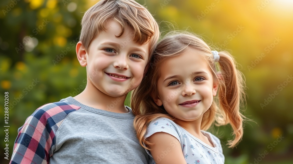 Two Happy Children Embracing in a Sunny Outdoor Setting Two Happy Children Embracing in a Sunny Outdoor Setting