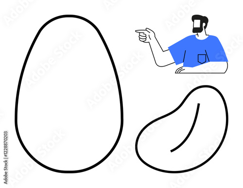Large black line egg shape, smaller bean shape with line detail, and man in blue shirt pointing sideways. Ideal for food concepts, learning, direction, simplicity, minimalism education. Abstract