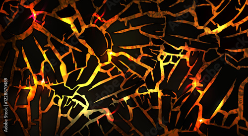 Hot lava under cracked ground. Vector realistic illustration of abstract game background with volcanic magma, burning fire and smoke seen through land fracture, hell top view, natural disaster effect