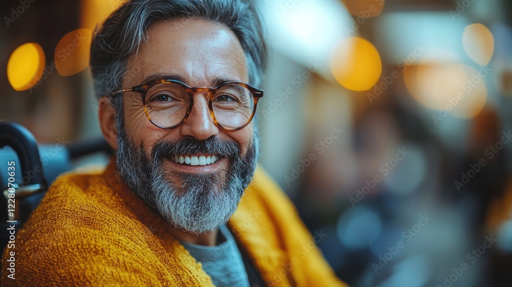 Smiling man wheelchair city night portrait Smiling man wheelchair city night portrait