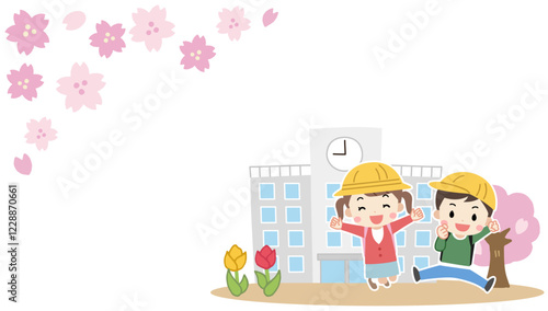 学校の前で笑顔でジャンプする小学生と桜の春のイラスト
