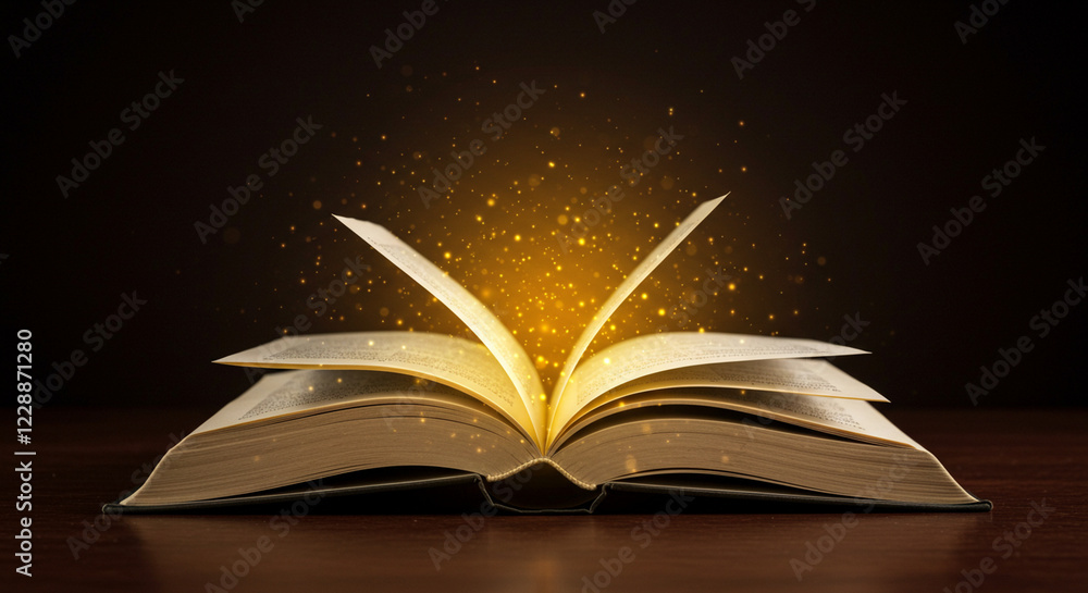 A versatile image for designs related to magic and wonder showcases an open book emitting a magical glow and sparkling particles against a dark, starry background, suggesting dynamism and release A versatile image for designs related to magic and wonder showcases an open book emitting a magical glow and sparkling particles against a dark, starry background, suggesting dynamism and release