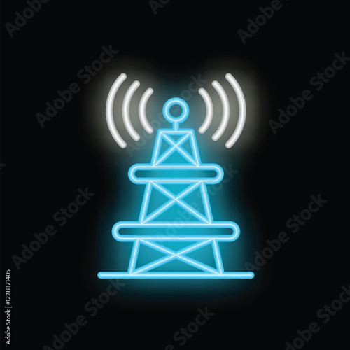 Blue neon style icon of a telecommunication tower transmitting a signal, glowing on a dark background