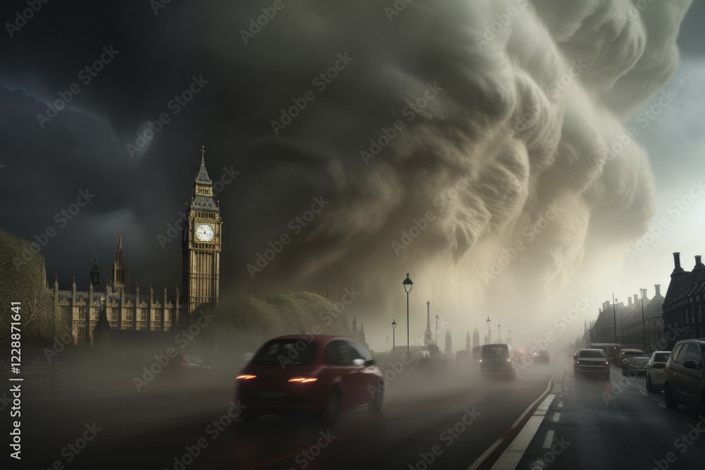 Obraz premium A devastating tornado rages over a major city, London, Westminster, AI generates