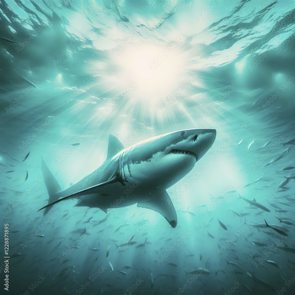Fototapeta premium A great white shark swims in the ocean in a school of fish, AI generated, AI generated