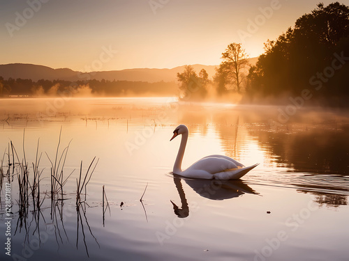 An epic fantasy scene featuring a flying swan, highly-detailed, photo realistic, beautiful, moody lighting, best quality, realistic, real picture, intricate details, depth of field, cinematic view, ra photo