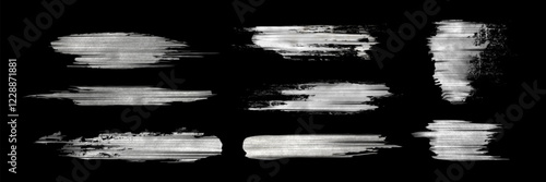 Silver foil brush strokes collection with metallic shine effect on black background. Realistic scattered swipes, elegant strokes and glossy smears. Textured horizontal elements with rough edges.