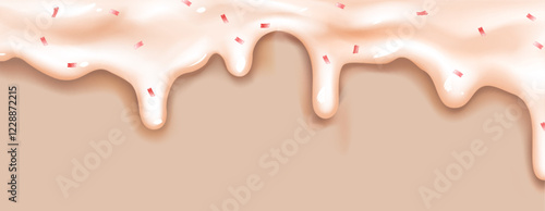 Candy drips with creamy beige texture and pink sprinkles on top. Sweet melting glaze forming waves with smooth curves and glossy surface. Decorative wavy border elements for confectionery design.
