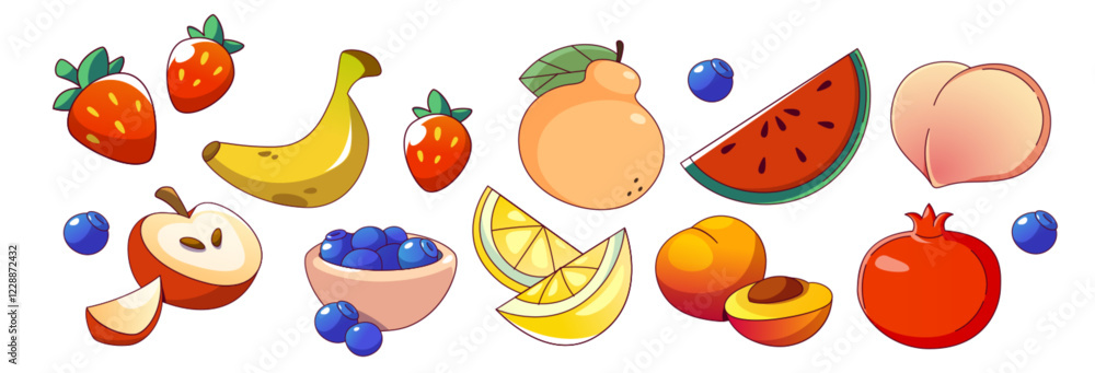 Fototapeta premium Summer fruit and berry cartoon set. Collection with strawberries and banana, peach and watermelon, apple and blueberries, pear and lemon slices, apricot and pomegranate. Bright seasonal elements.