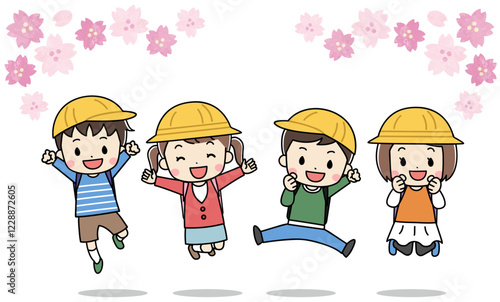 春にランドセルを背負った子供たちと桜のイラスト