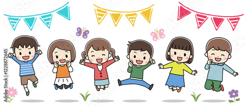 笑顔でジャンプしている6人の子供達のイラスト