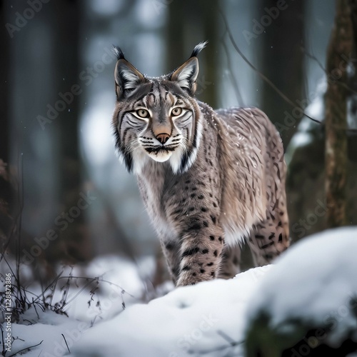 Lynx (Lynx Lynx) in a wintry setting in the forest, with snowfall, ai generated