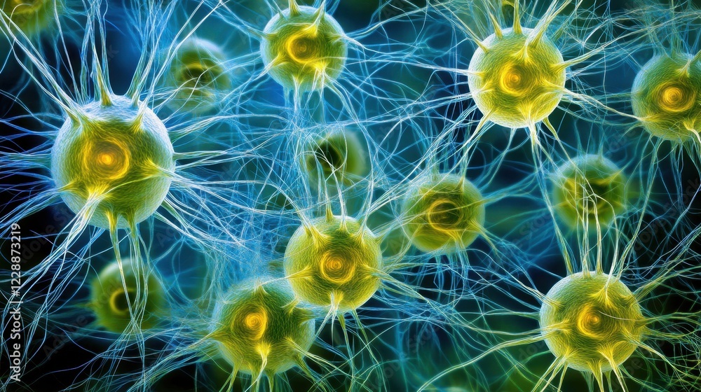 Microscopic view of virus structures with spiky membranes, illuminated by a glowing blue light.