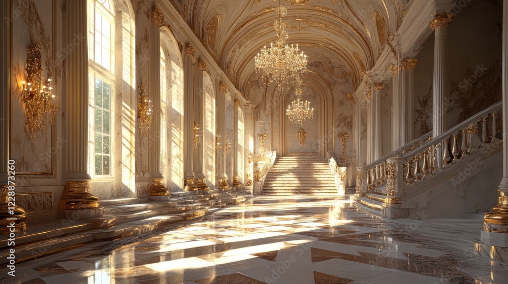 Fototapeta premium Sunlit Palace Hallway Grand Staircase Interior Design