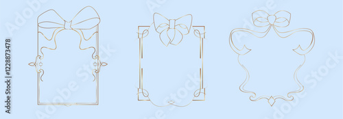 Golden coquette frames with delicate ribbon bows on top, elegant swirls, and ornate decorative elements. Luxury line art thin gold borders in romantic aesthetic for wedding invitations design.