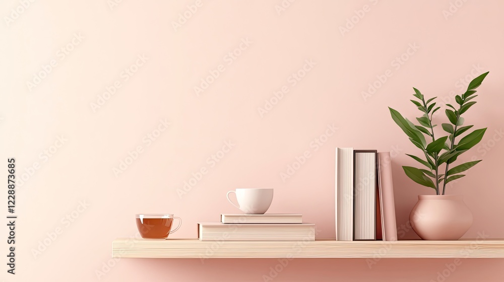 A minimalist shelf with stacked prenatal care books, a potted plant, and a cup of tea, symbolizing knowledge and preparation during pregnancy. Neutral tones. A minimalist shelf with stacked prenatal care books, a potted plant, and a cup of tea, symbolizing knowledge and preparation during pregnancy. Neutral tones.