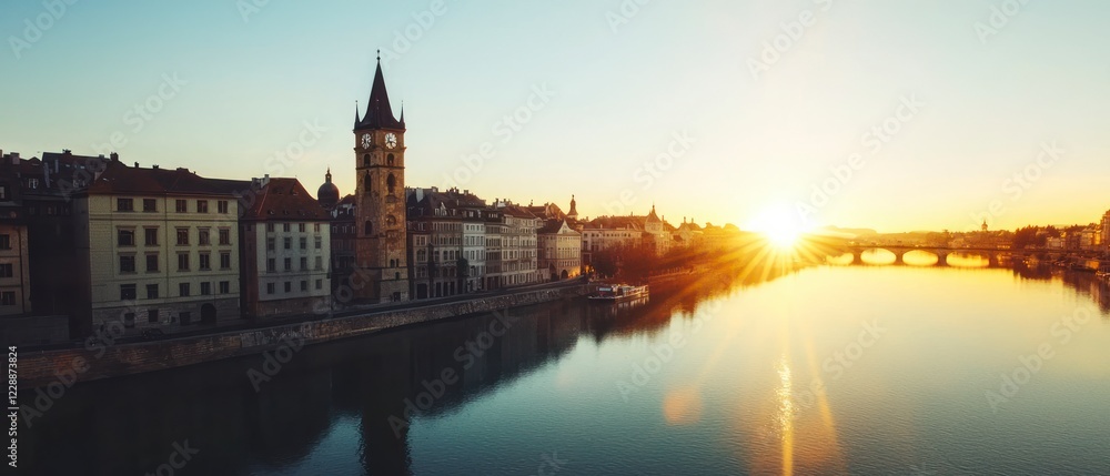 Fototapeta premium Golden Sunset Riverfront Historic European Cityscape