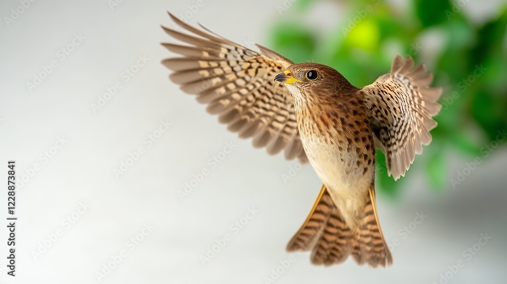 Brown Bird in Flight Against Green and White Background Brown Bird in Flight Against Green and White Background