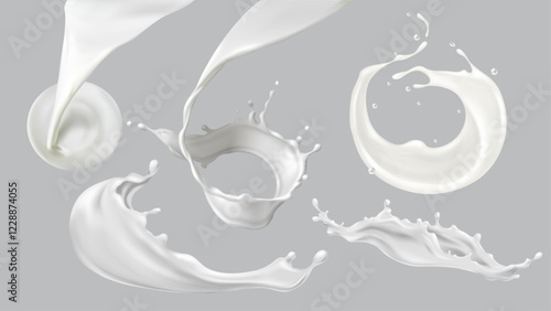 Milk splash collection with dynamic liquid shapes, flying drops and circular crown effects on grey background. Realistic 3d dairy creamy white fluid motion with natural dairy beverage movement.