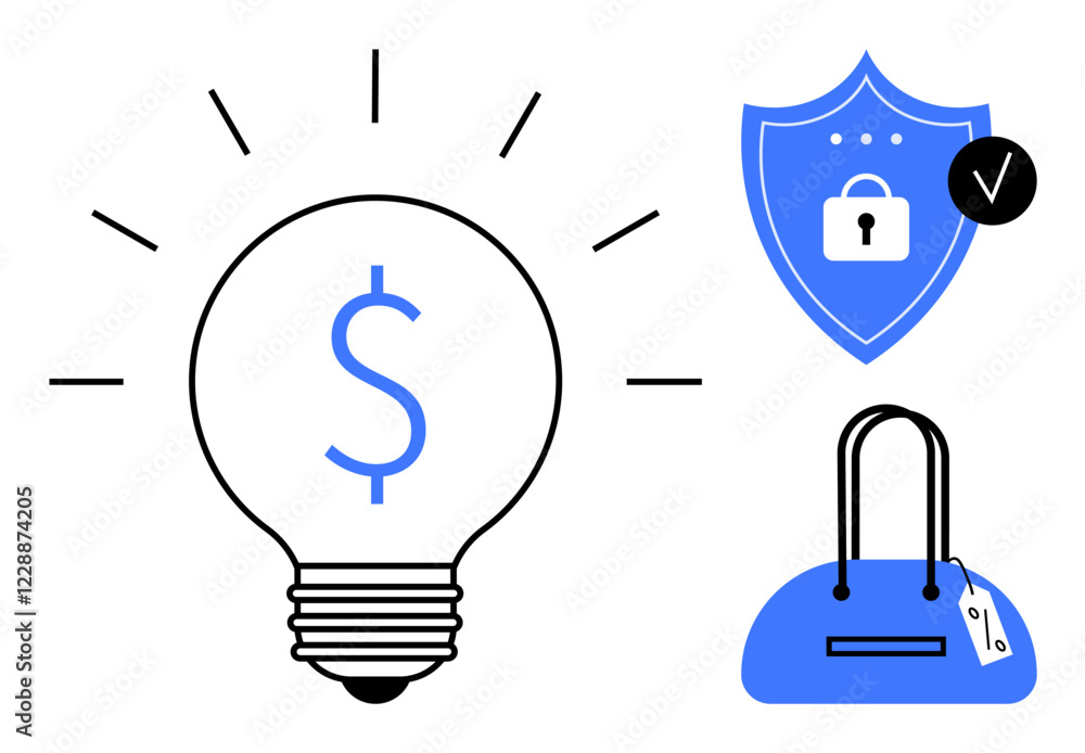 Lightbulb with dollar sign, blue shield with lock, and handbag with price tag symbolize financial security and ideas. Ideal for business, finance, commerce, savings, protection, innovation Lightbulb with dollar sign, blue shield with lock, and handbag with price tag symbolize financial security and ideas. Ideal for business, finance, commerce, savings, protection, innovation