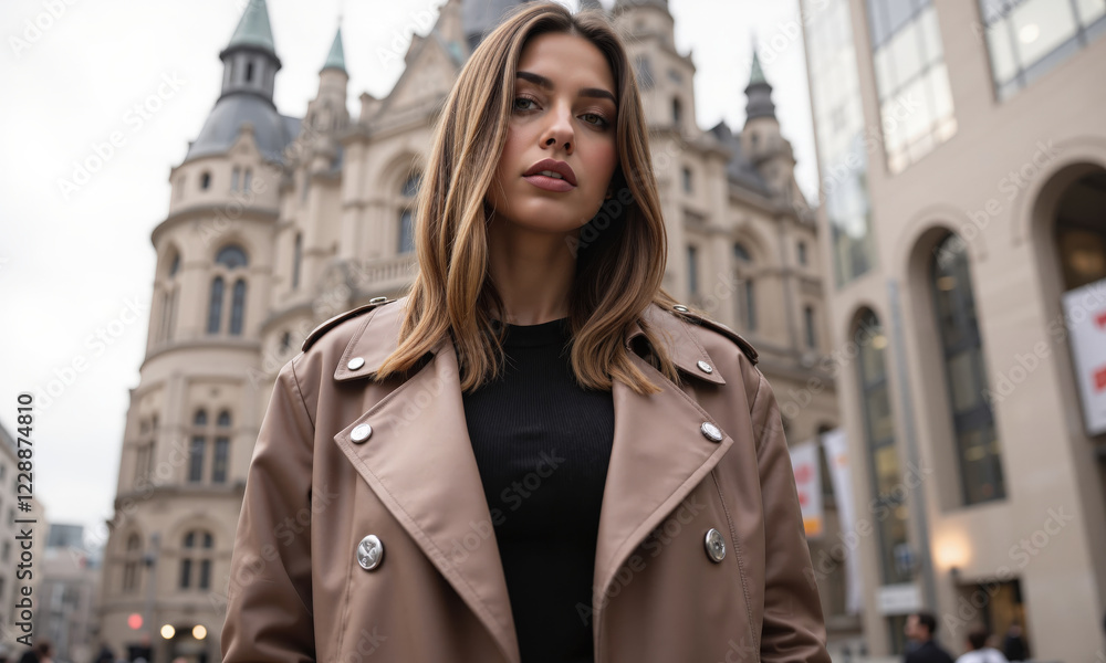Fototapeta premium A mocha mousse-colored trench coat with a glossy, satin-like finish and silver metallic buttons. The coat's sleek silhouette is complemented