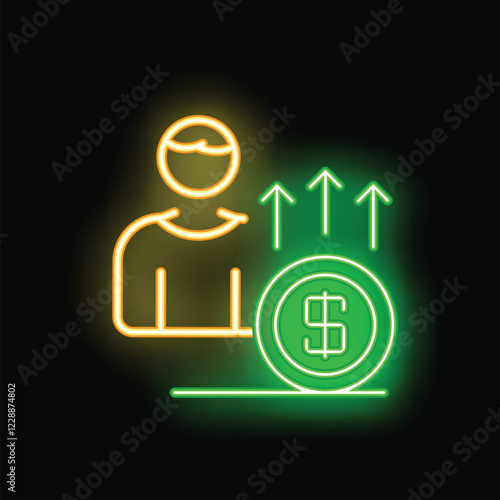 Neon sign depicting a person with increasing capital symbolized by growing arrows and a dollar coin