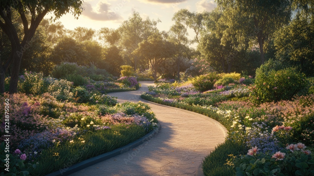 Obraz premium A peaceful outdoor park scene with a pathway, blooming flowers, and soft sunlight, symbolizing nature and mindfulness for expecting mothers.