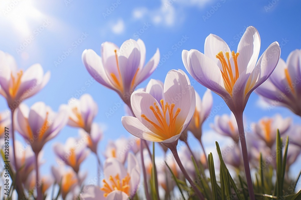 Naklejka premium Close up of violet Crocus spring flowers. KI generiert, generiert AI generated