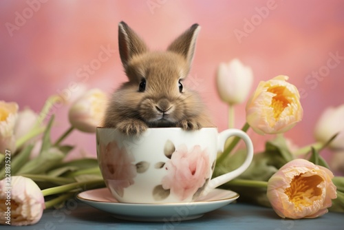 Cute small Easter bunny in rea cup with pink spring tulip flowers. KI generiert, generiert AI generated photo