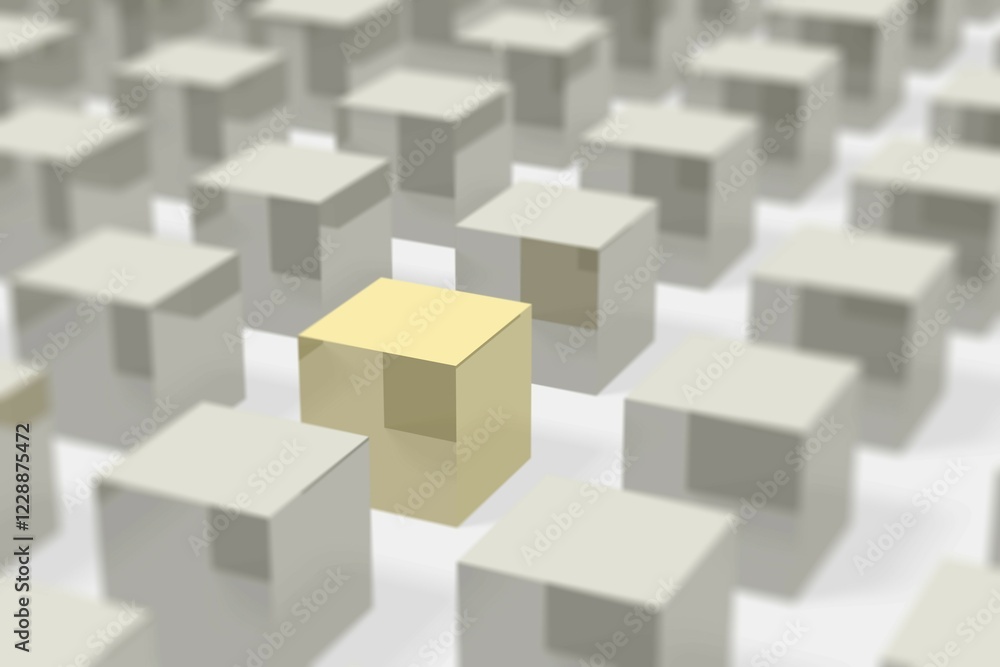 Silver metal cubes in rows with bokeh, the focus is on a golden cube, concept picture, symbol for society, group, individual, uniqueness, 3D illustration Silver metal cubes in rows with bokeh, the focus is on a golden cube, concept picture, symbol for society, group, individual, uniqueness, 3D illustration