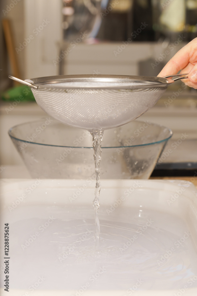 a woman's hand holding a strainer pouring water over a white pan a woman's hand holding a strainer pouring water over a white pan