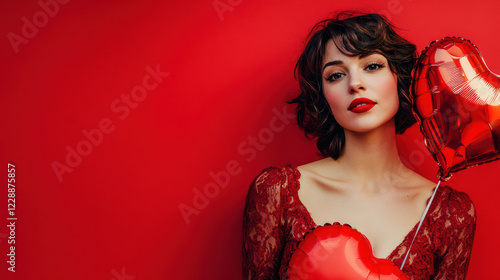 a beautiful woman holding a heart-shaped balloon against a red background. Valentines day concept