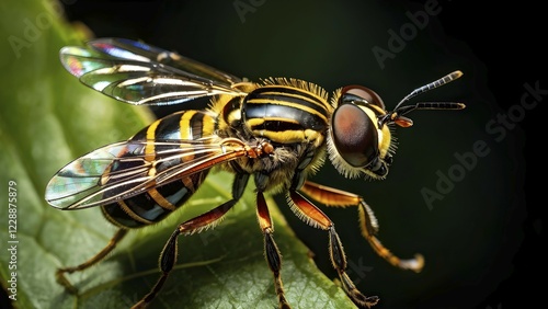 Macro of a hoverfly (Syrphidae), with its striped abdomen and metallic-like wings shimmering in the sunlight, AI generated