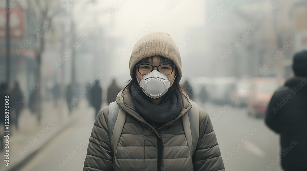 Woman wearing a face mask in smog. Woman wearing a face mask in smog.