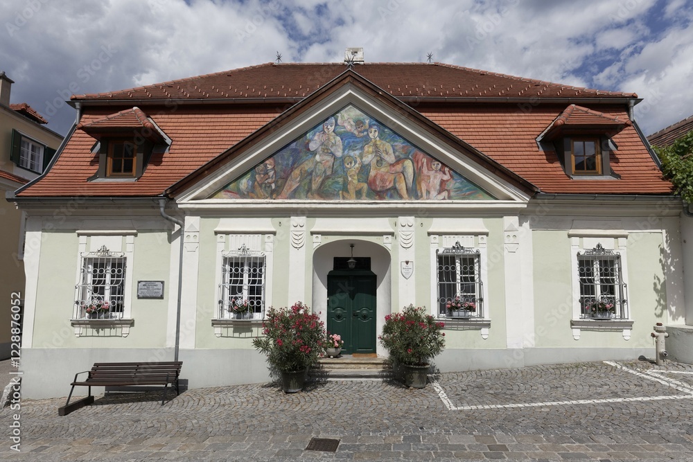 Baderhouse with its classical facade, Dürnstein, Wachau, Waldviertel, Lower Austria, Austria, Europe Baderhouse with its classical facade, Dürnstein, Wachau, Waldviertel, Lower Austria, Austria, Europe